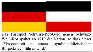 Das Farbspiel Schwarz-Rot-Gold gegen Schwarz-Weiß-Rot spaltet ab 1919 die Nation, so dass dieser „Flaggenstreit zu einem „symbolpublizistischen Bürgerkrieg“ führen wird.