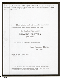 Frau Caroline Brommy wird, nach der Überführung aus Berlin, am 4. 4.1910 an der Seite ihres Gatten in Hammelwarden beigesetzt.