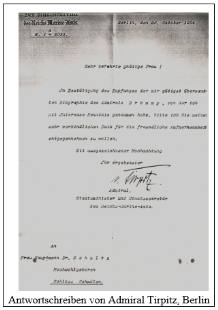 Antwordtschreiben von Admiral Tirpitz - Berlin -